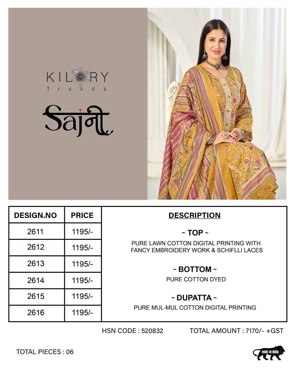 SAJNI By KILORY TRENDS 2611 to 2616 Series Beautiful Festive Suits Colorful Stylish Fancy Casual Wear & Ethnic Wear PURE LAWN COTTON Dresses At Wholesale Price